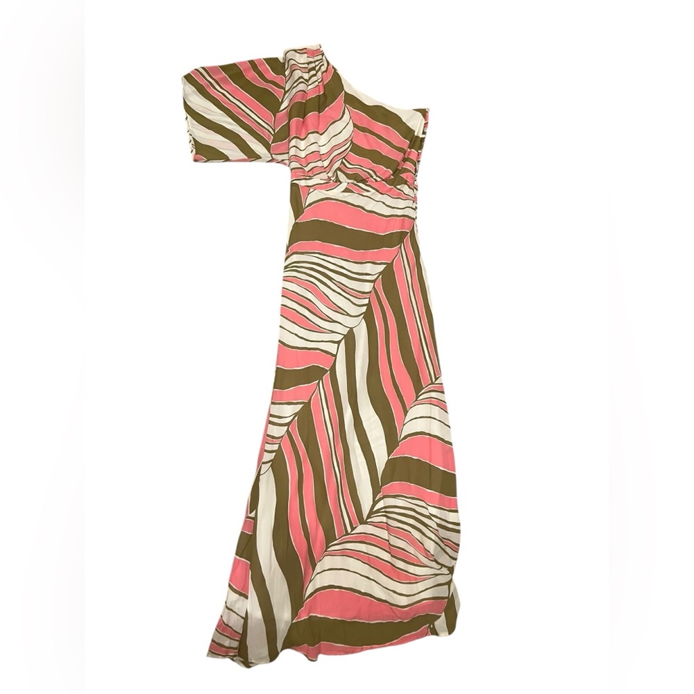 Trina Turk One Shoulder Pink and Olive Green Dress